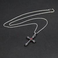 80cm Steel Chain with Crucifix Pendant with Red Zirconia Stone