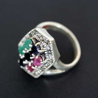 925 Silver Ring with Gemstone Macassita, Ruby, Emerald and Onyx