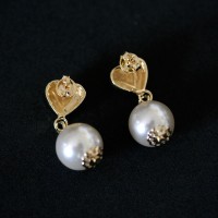 Earring Gold Plated Jewelry Semi Secret Heart with Pearl and Rhinestone