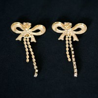 Earring Gold Plated Jewelry Semi Glitter Bow with Rhinestone Zircon Stones