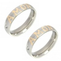 Par de Alianza de acero inoxidable de 5 mm con Zirconia Stone y Aplicar Amor en oro