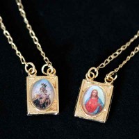 Gold Plated Scapular Sacred Heart Jesus and Mary 60cm