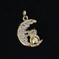 Pendant Semi Jewelry Gold Plated Moon and Owl with Zirconia Stones