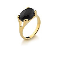 Semi-Gold Plated Ring with Natural Stone Black Agate