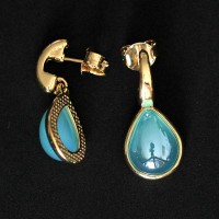 Gold Plated Semi Jewelry Earring with Pearly Sky Blue Agate Natural Stone