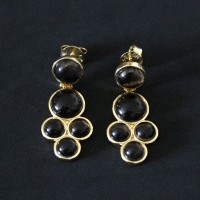 Semi-precious Earring Gold Leaf with Natural Obsidian Stone Smoke