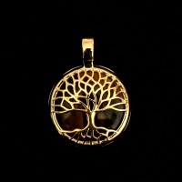 Gold Plated Semi Jewel Pendant with Natural Stone Tiger's Eye Tree of Life