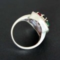 925 Silver Ring with Gemstone Macassita, Ruby, Emerald and Onyx