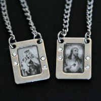 Scapular Resin Steel Stone Sacred Heart of Jesus with 4 Zirconia Stones